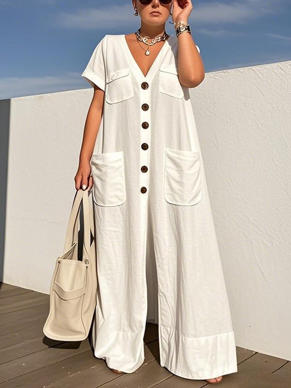 oshoplive Jumpsuits For Women Wide Leg Rompers V Neck Sleeveless One Piece Romper Casual Cotton Jumpers With Pockects