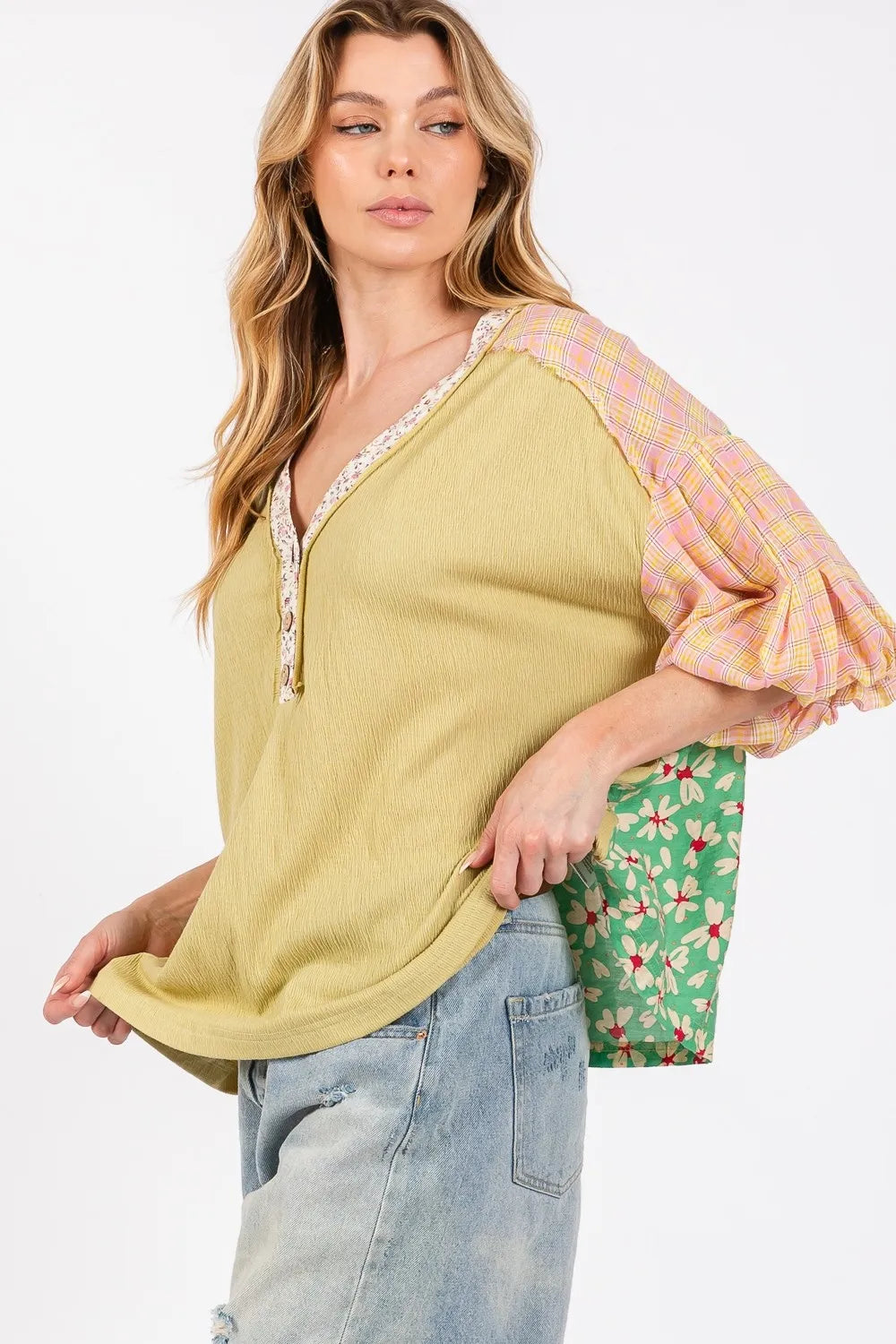 SAGE + FIG Full Size Color Block Bubble Sleeve Top Plus Size