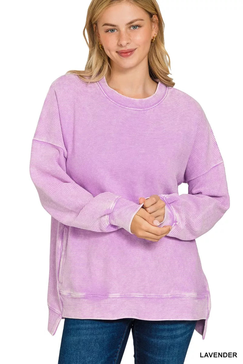 Zenana Acid Washed Double Ribbed Hi-low Sweatshirt