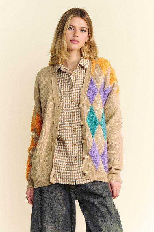 Davi & Dani Argyle V-Neck Dropped Shoulder Cardigan Style