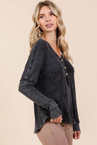 Mittoshop Washed V-Neck Long Sleeve Blouse for Women