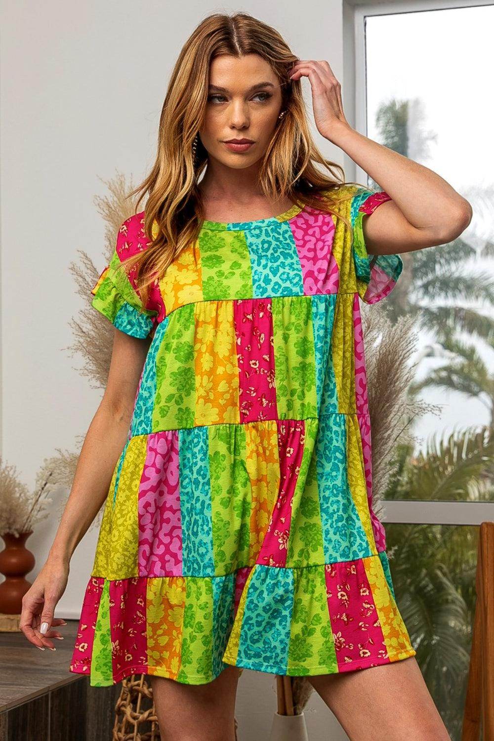 BiBi Leopard Short Sleeve Tiered Dress for Trendy Style