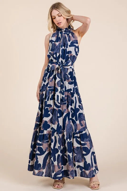 Lime 'N' Chili Abstract Halter Neck Tie-Waist Tiered Maxi Dress