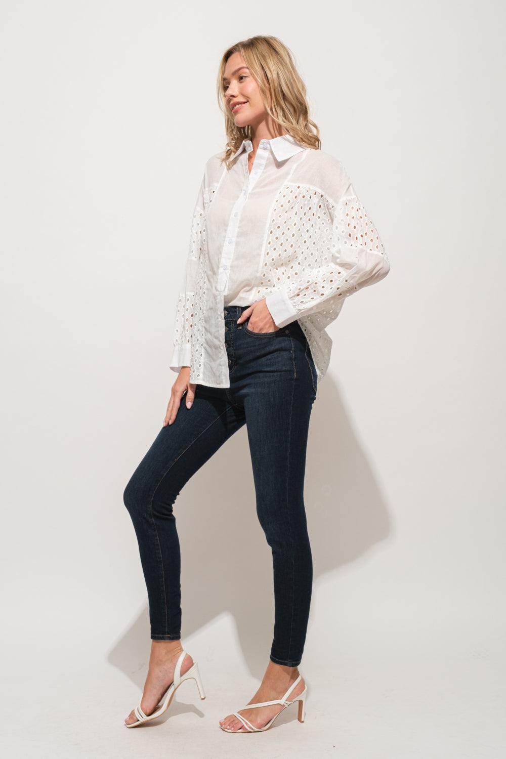 And The Why Eyelet Long Sleeve Button Down Shirt Chic