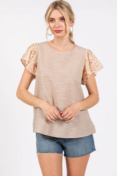 Ces Femme Round Neck Floral Short Sleeve Top for Women