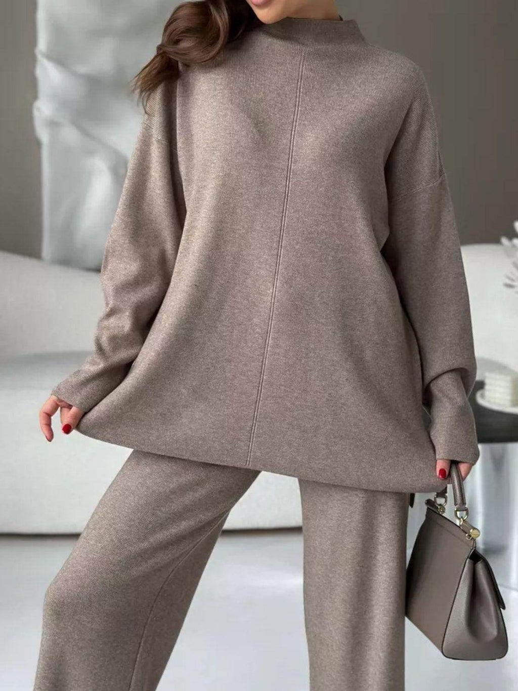 Slit Mock Neck Top and Pants Sweater Set for Women