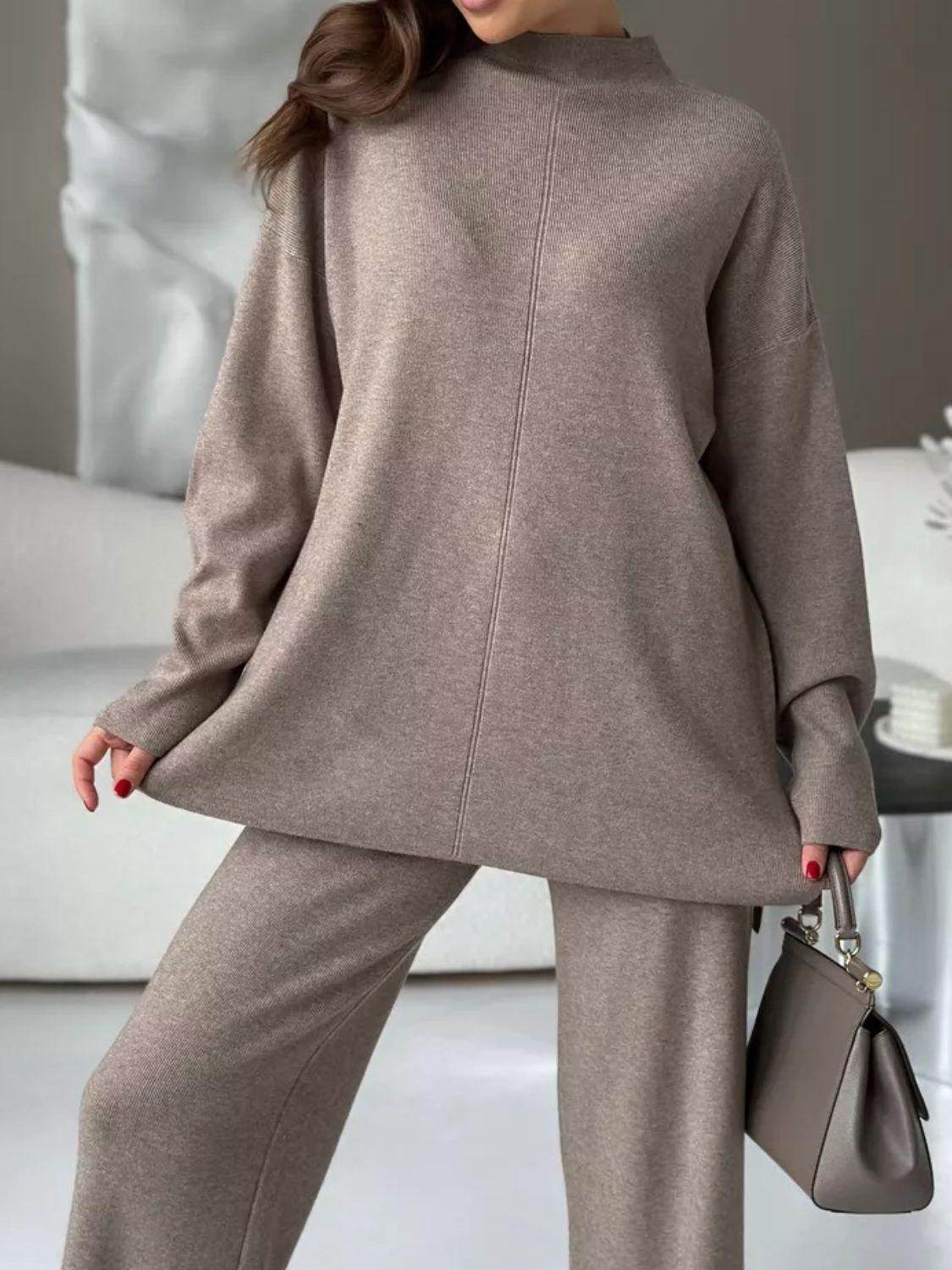 Slit Mock Neck Top and Pants Sweater Set for Women