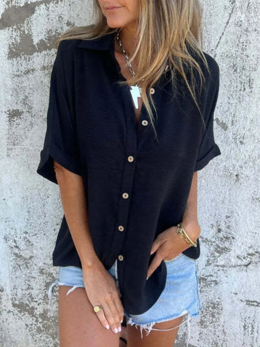 Full Size Collared Neck Half Sleeve Shirt Plus Size