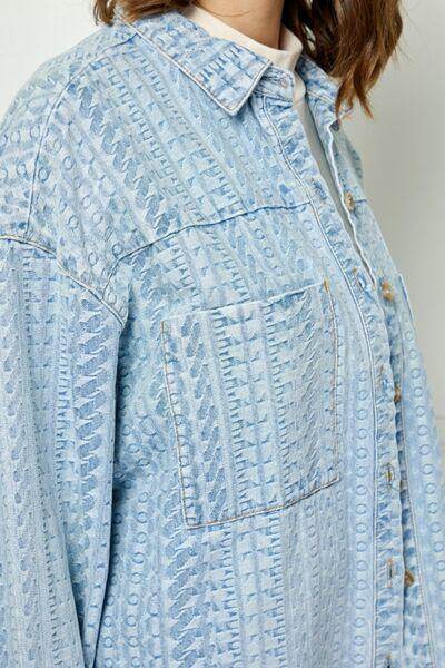 Veveret Button Up Dropped Shoulder Denim Top for Women