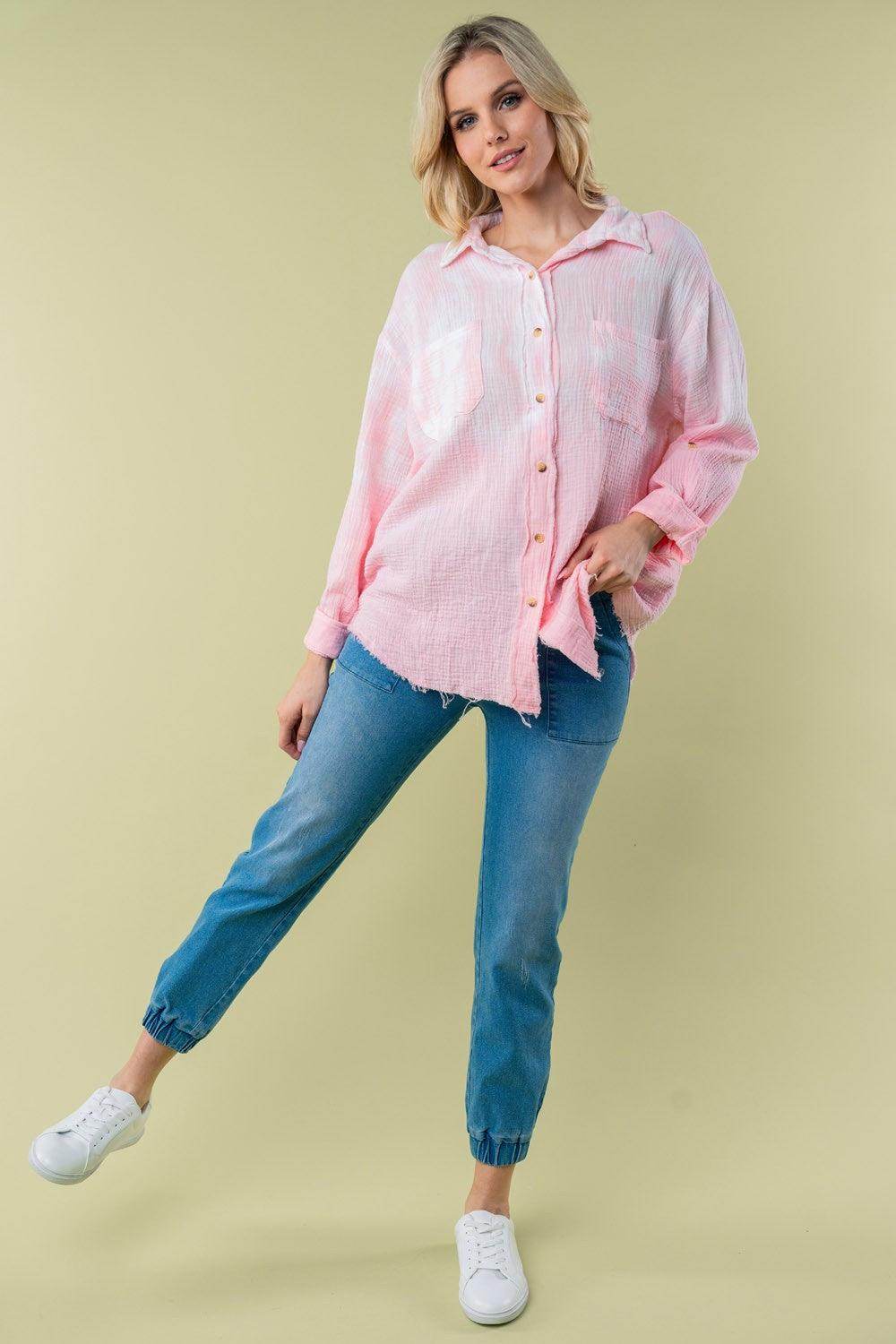 White Birch Full Size Long Sleeve Tie Dye Shirt for Women