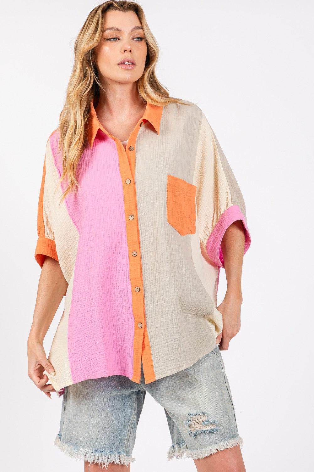 SAGE + FIG Full Size Color Block Button-Down Shirt for Women