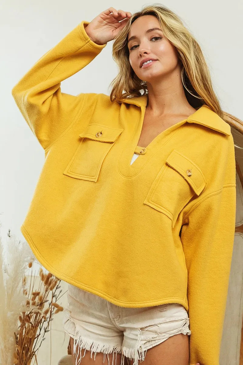 BiBi Flap Pockets Fleece Collared Sweatshirt