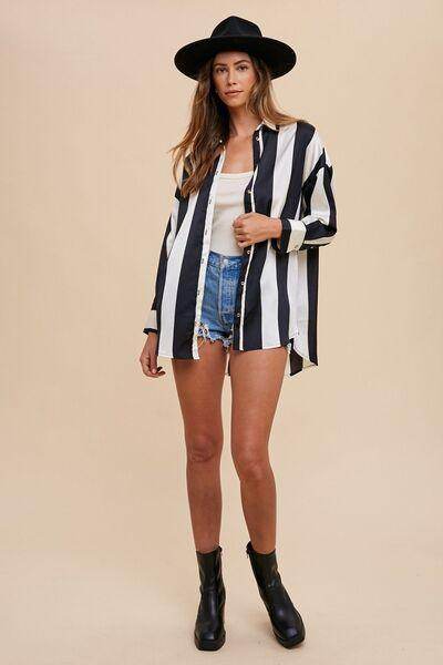 Annie Wear Striped Dropped Shoulder Button Up Shirt for Women