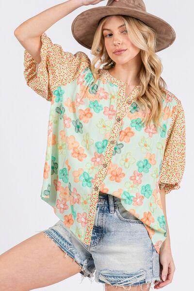 SAGE+FIG Button Down Bubble Sleeves Shirt for Women
