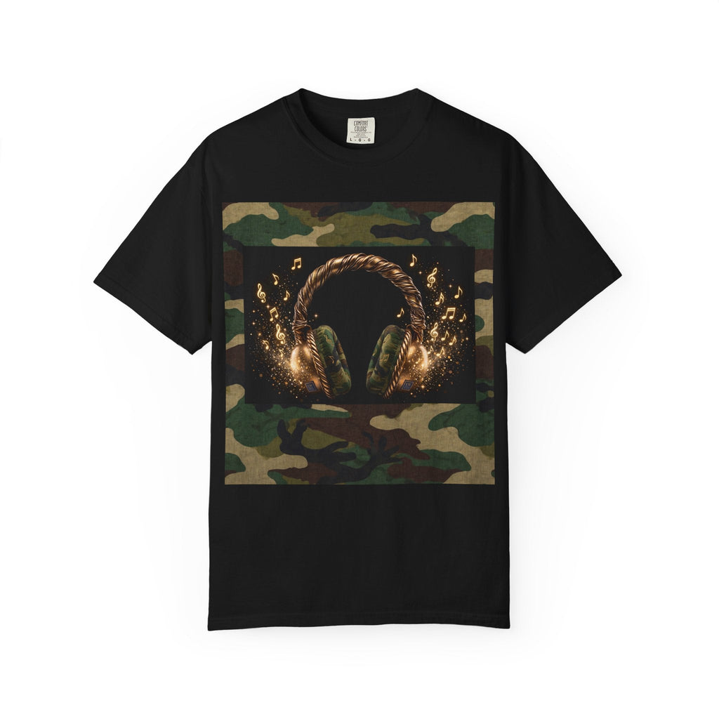 Camo Headphones Tee — Gold Spark DJ Music Graphic T-Shirt