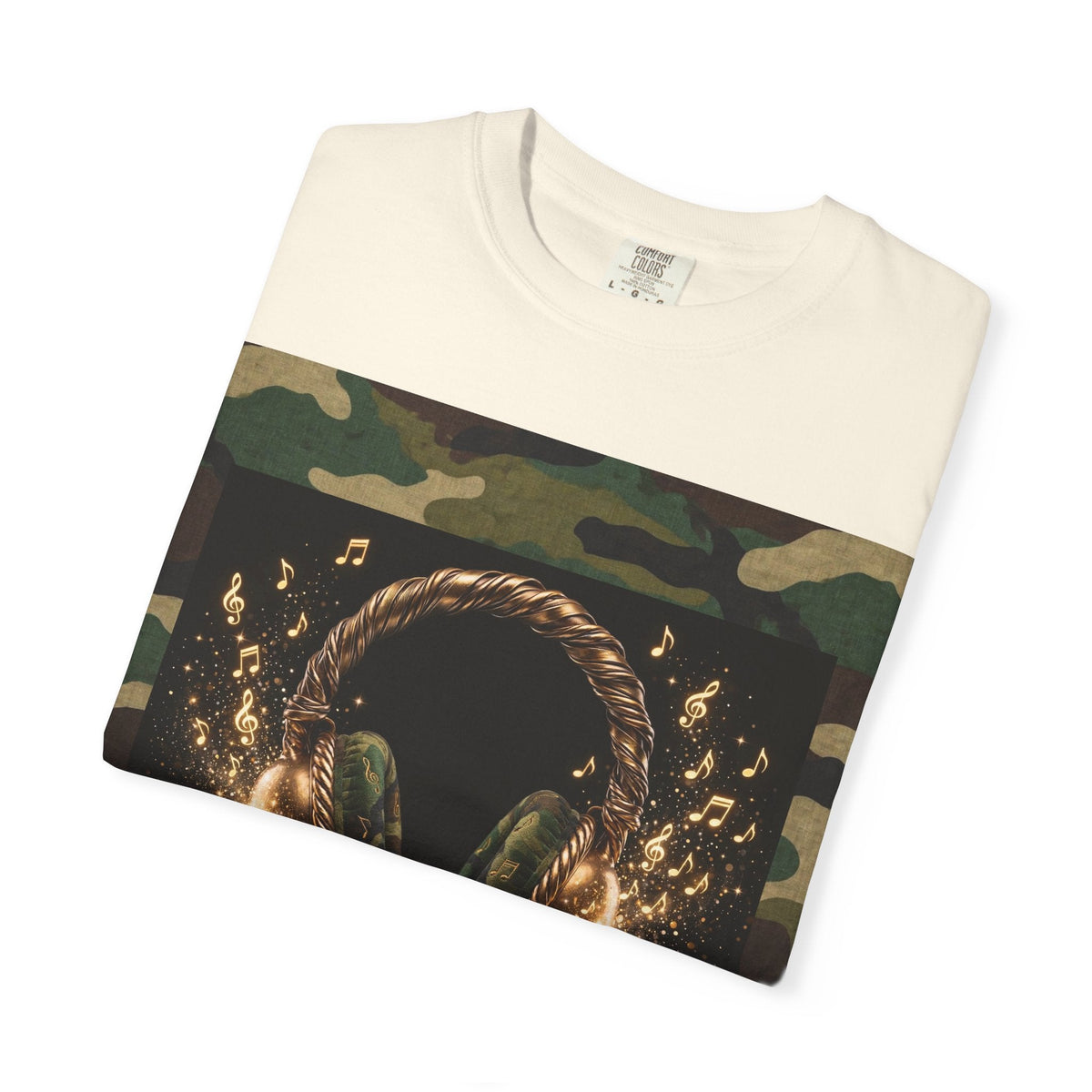 Camo Headphones Tee — Gold Spark DJ Music Graphic T-Shirt