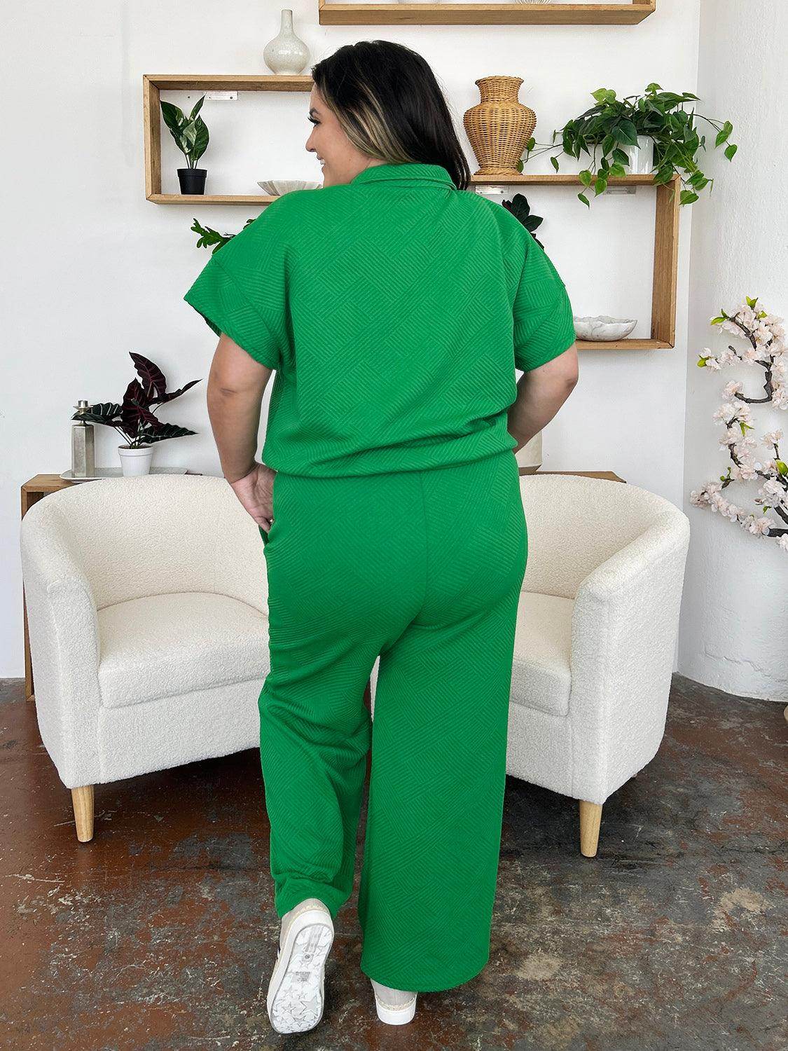 Double Take Full Size Texture Half Zip Short Sleeve Top Set