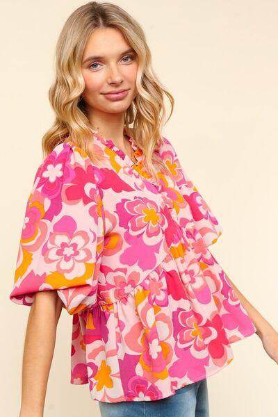 Haptics Full Size Frill Floral Puff Sleeve Blouse Chic