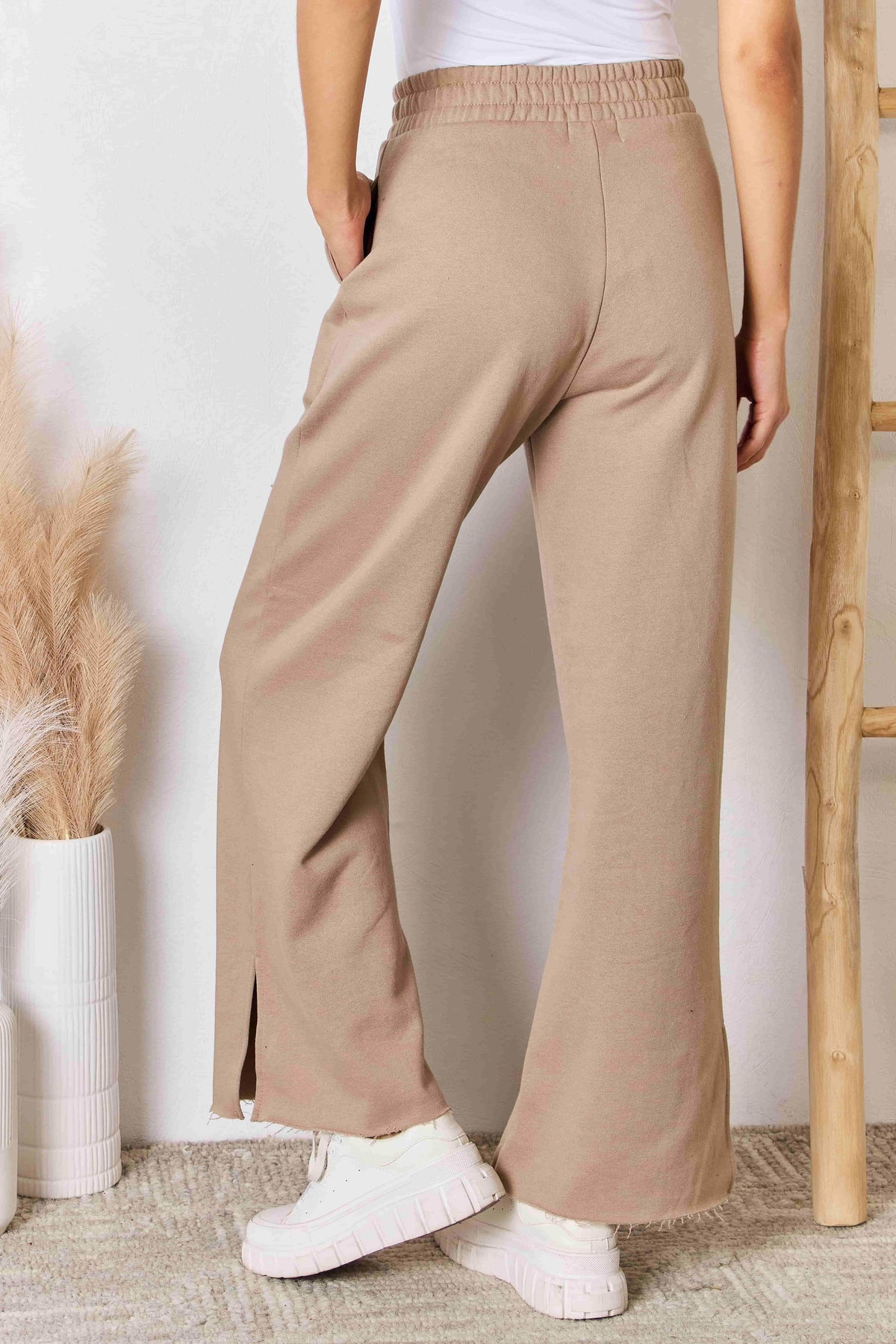 RISEN Wide Waistband Slit Wide Leg Pants for Women