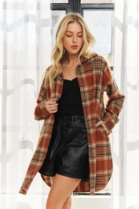 ADORA Full Size Button Down Flannel Shacket Plus Size