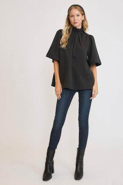 Umgee Bow Tie Back Mock Neck Half Sleeve Blouse for Women