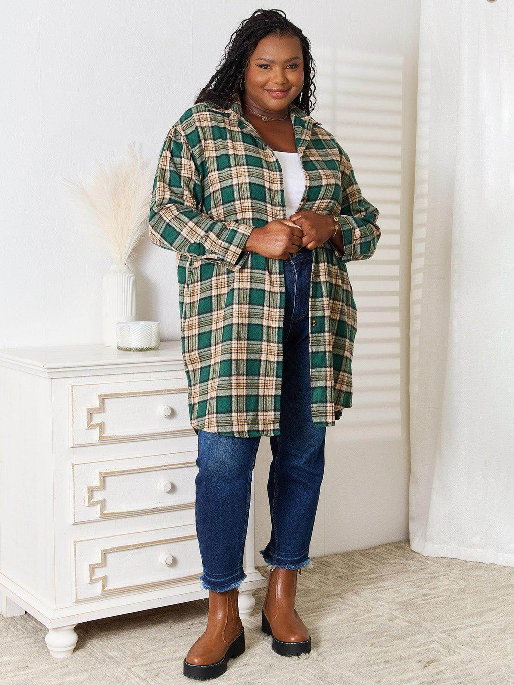 Mandy Plaid Collared Neck Long Sleeve Shirt for Women