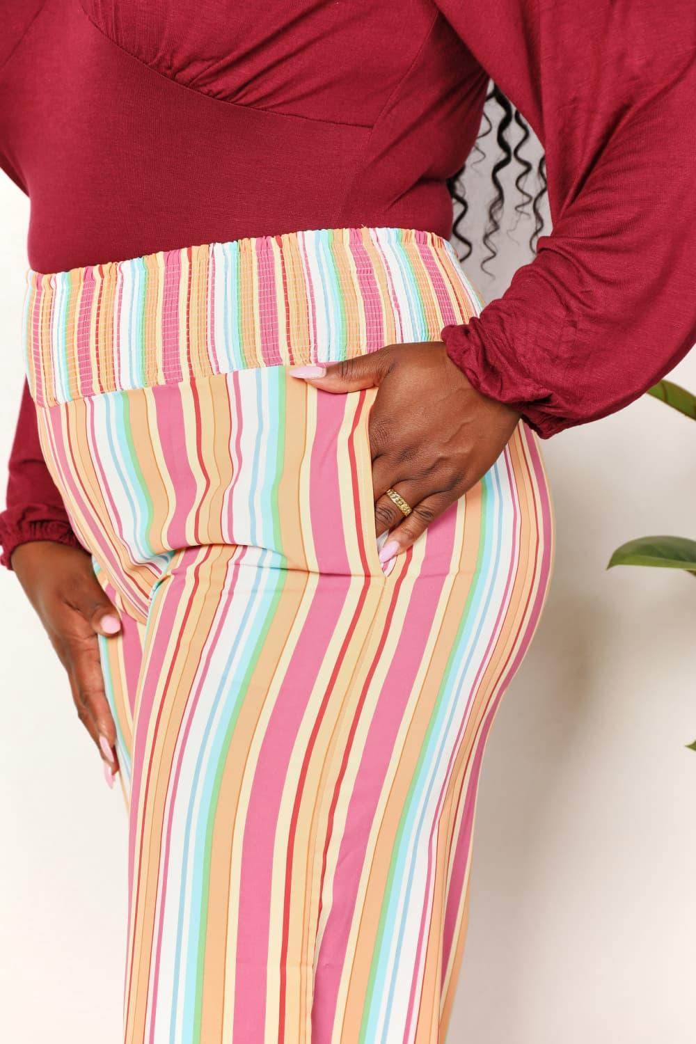 Double Take Striped Smocked Waist Pants with Pockets Stylish