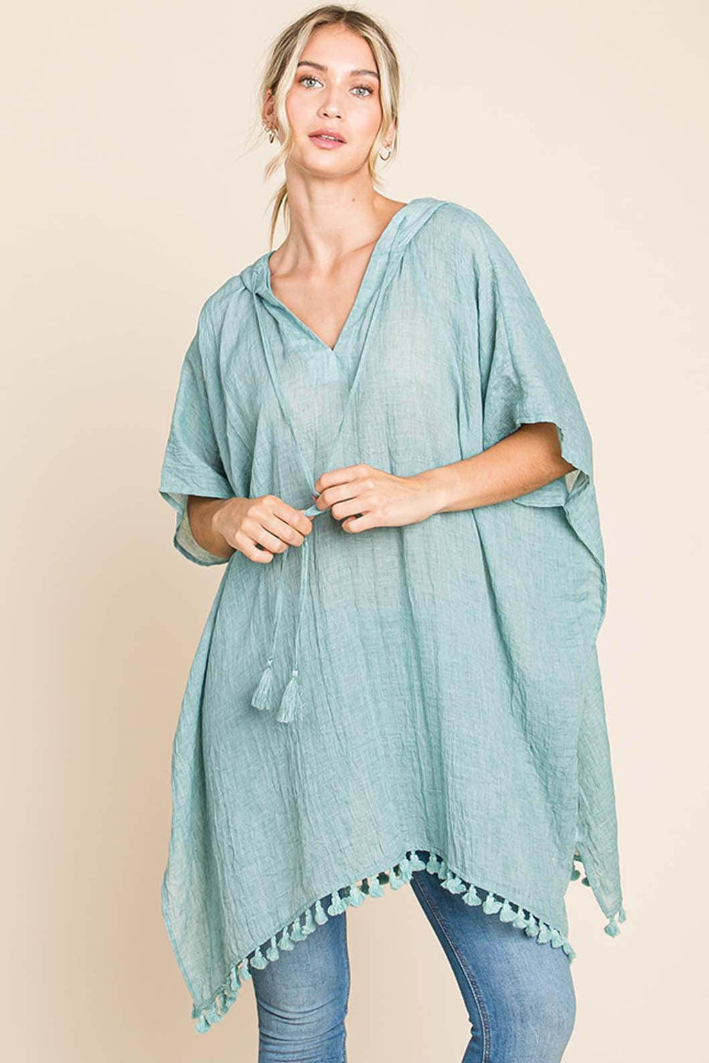 Cotton Bleu by Nu Label Tassel Hem Hooded Cover Up Dress