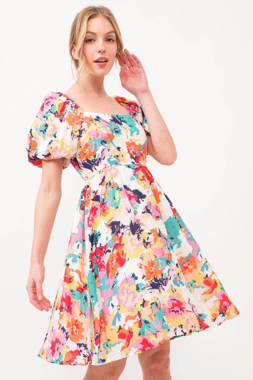 And The Why Square Neck Puff Sleeve Floral Dress Sale