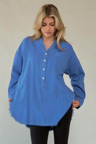 Davi & Dani Letter Back Raw Hem Half Button Shirt Chic