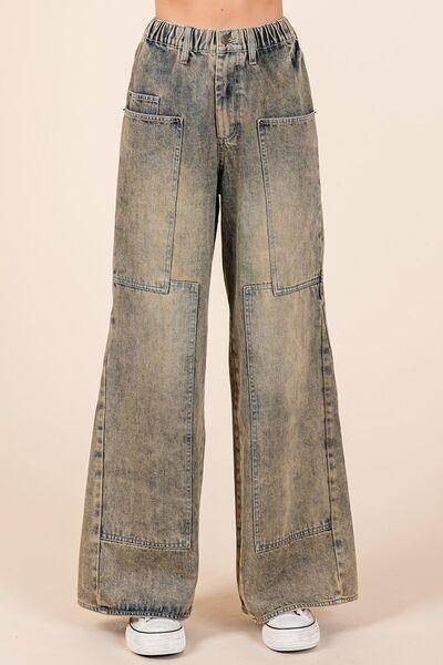 Mittoshop Washed Wide Leg Jeans with Pockets for Women