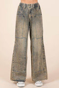 Mittoshop Washed Wide Leg Jeans with Pockets for Women