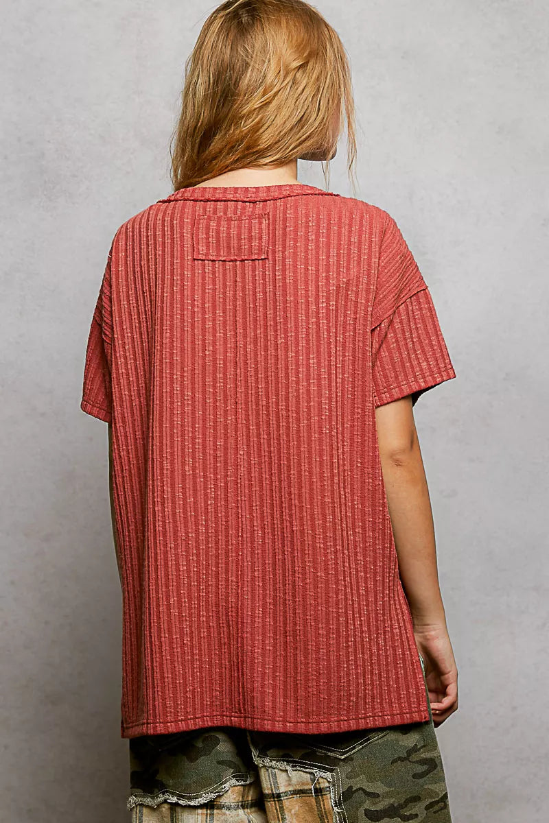 POL Ribbed Knit V-Neck Short Sleeve T-Shirt with Side Slit