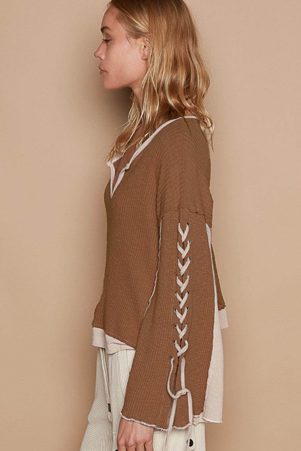 POL Lace-Up Sleeve Color Block Ribbed Knit Top for Women