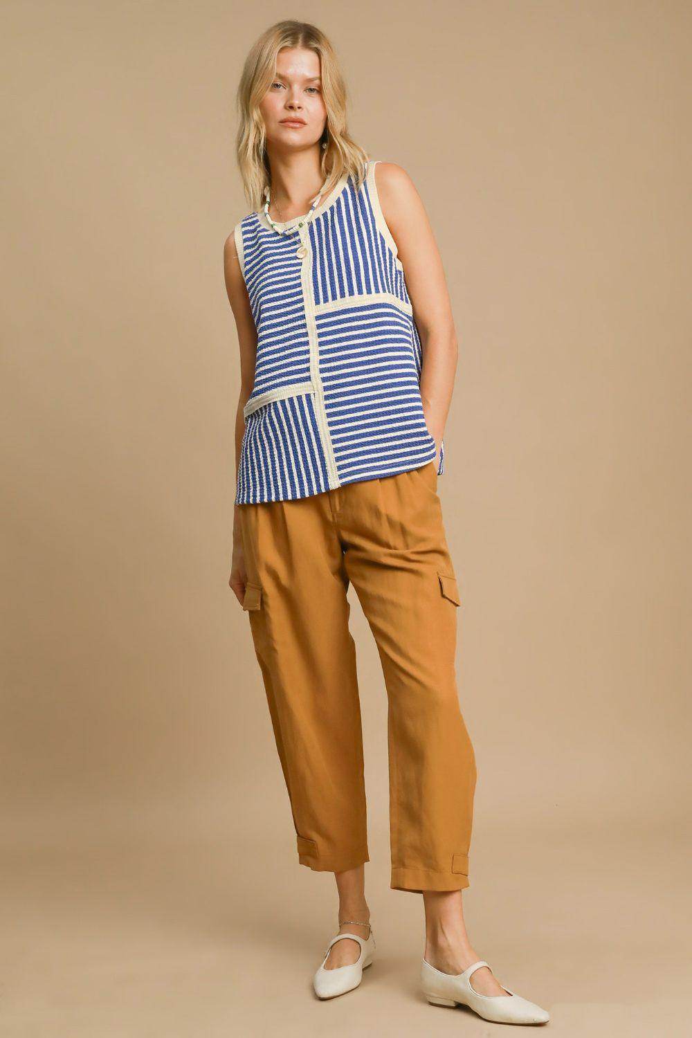 Umgee Round Neck Texture Striped Tank Top for Women