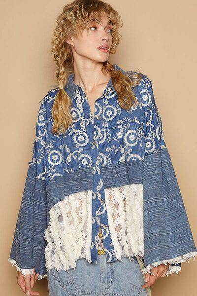 POL Lace Hem Embroidered Long Sleeve Shirt for Women