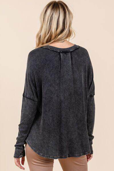 Mittoshop Washed V-Neck Long Sleeve Blouse for Women
