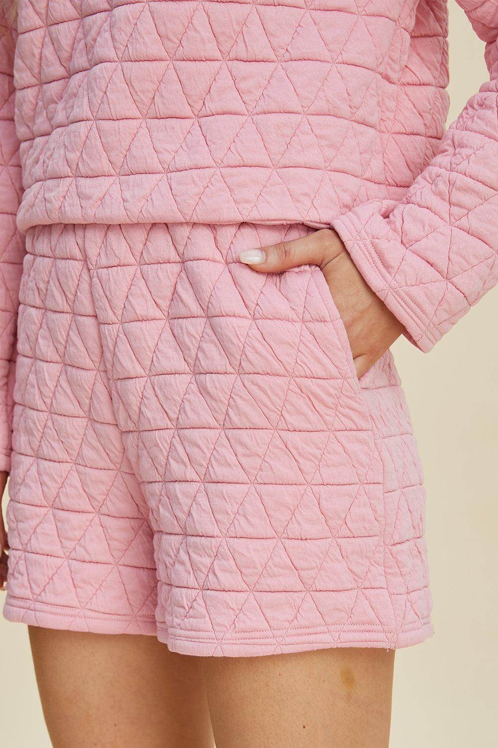 Double Take Full Size Texture Round Neck Long Sleeve Top and Shorts Set for Women