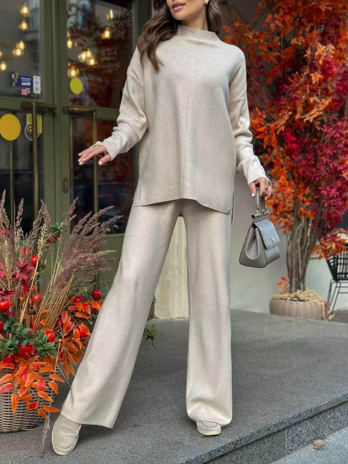 Slit Mock Neck Top and Pants Sweater Set for Women