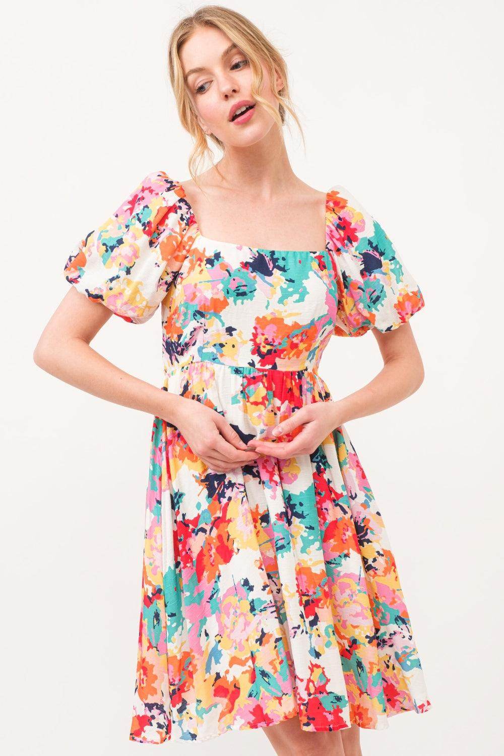 And The Why Square Neck Puff Sleeve Floral Dress Sale