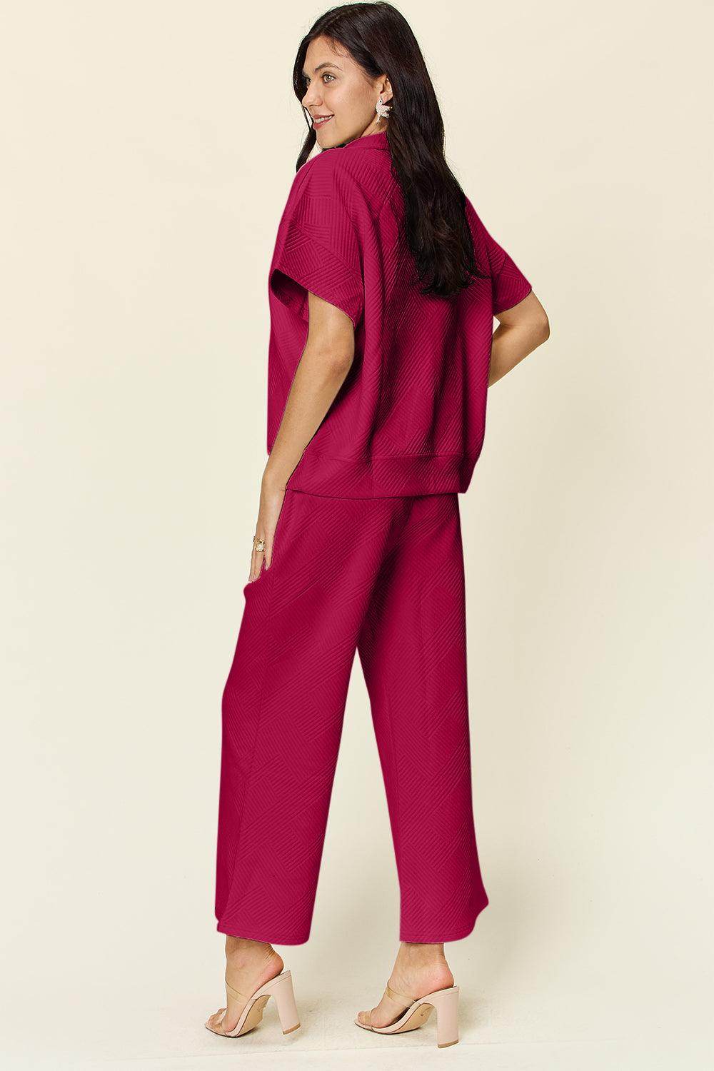 Double Take Full Size Texture Half Zip Short Sleeve Top Set