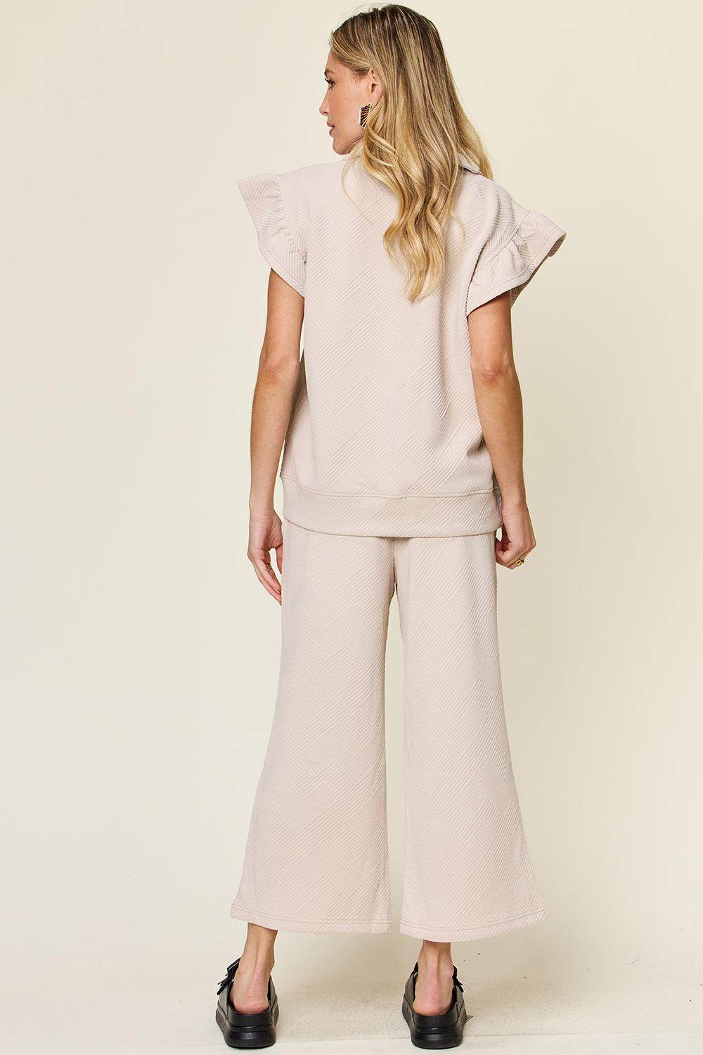 Double Take Texture Ruffle Short Sleeve Top and Pants Set