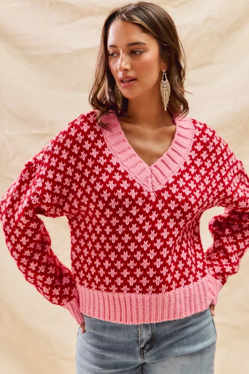 SO ME Color Block Textured Christmas Sweater V Neck Top
