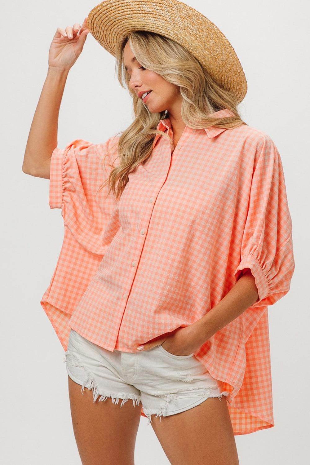 BiBi Plaid Button Up Dolman Sleeve Shirt for Women Fashion