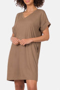 Zenana Rolled Short Sleeve V-Neck Dress for Casual Style