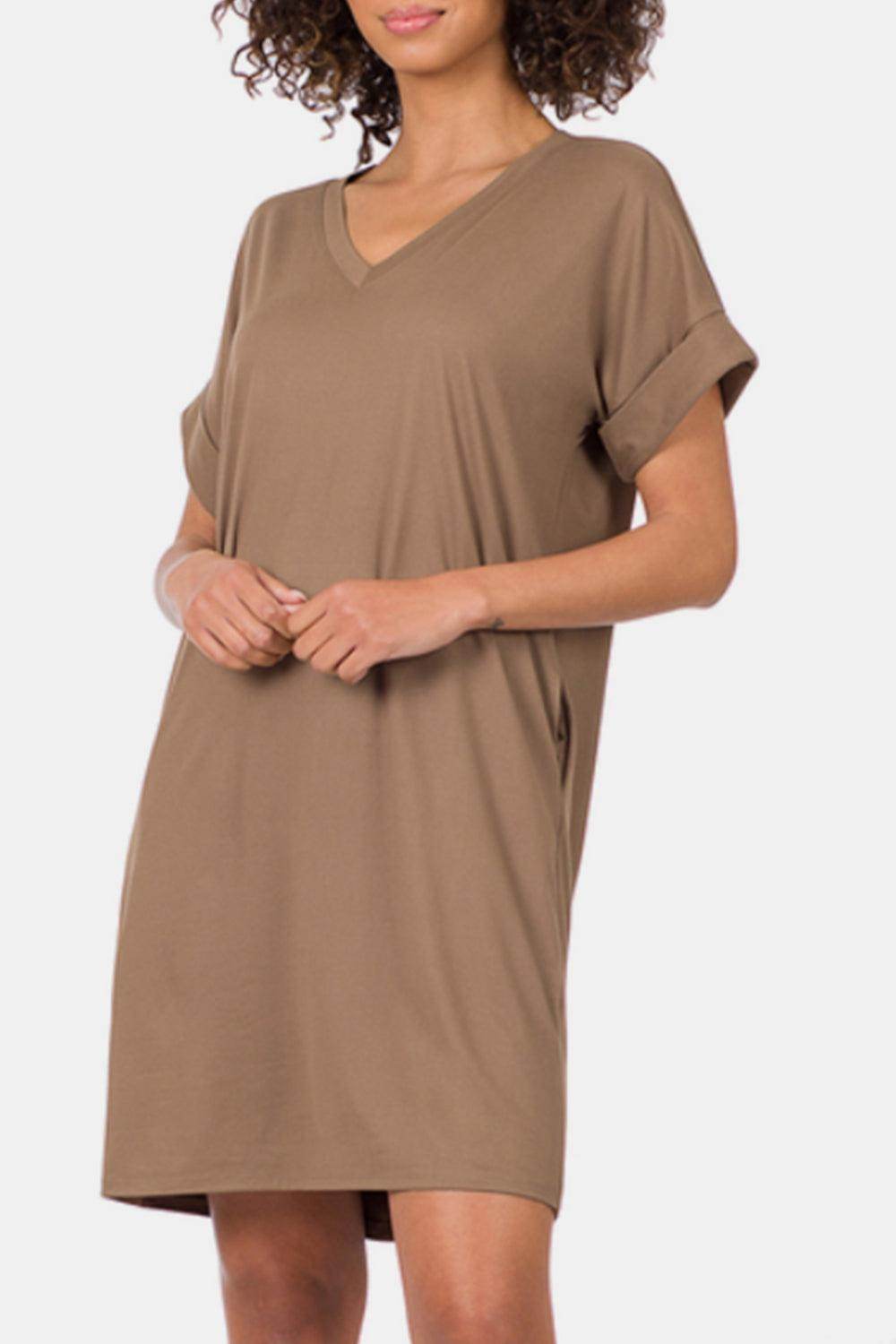 Zenana Rolled Short Sleeve V-Neck Dress for Casual Style