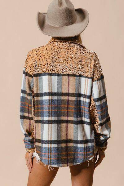 BiBi Curved Hem Sequin Plaid Button Up Shacket Chic Style