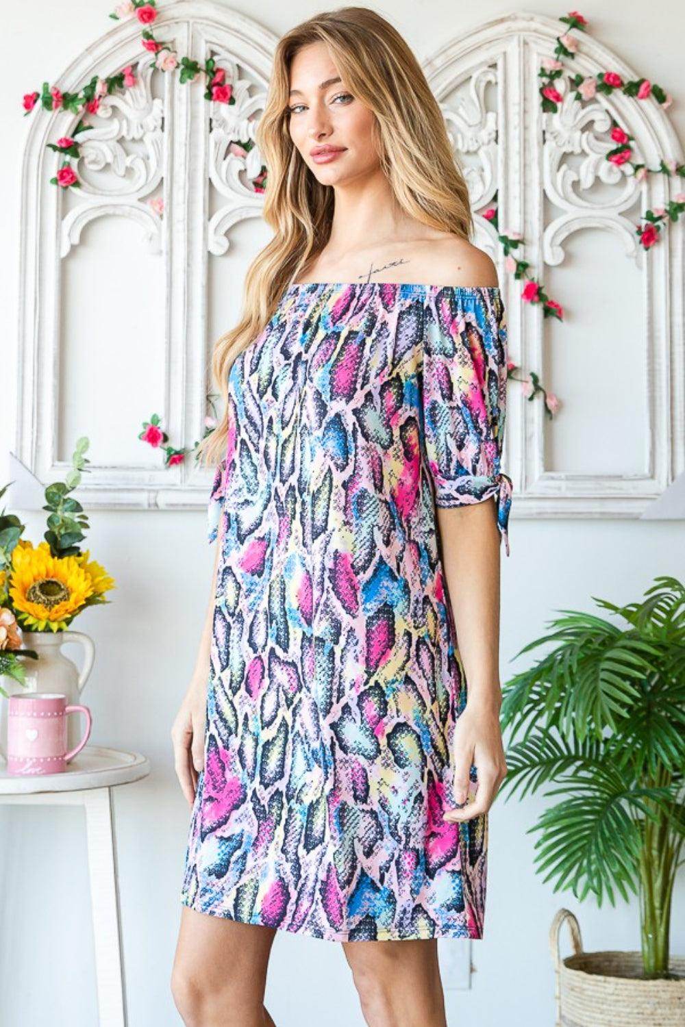 Heimish Full Size Off Shoulder Snake Mini Dress for Women