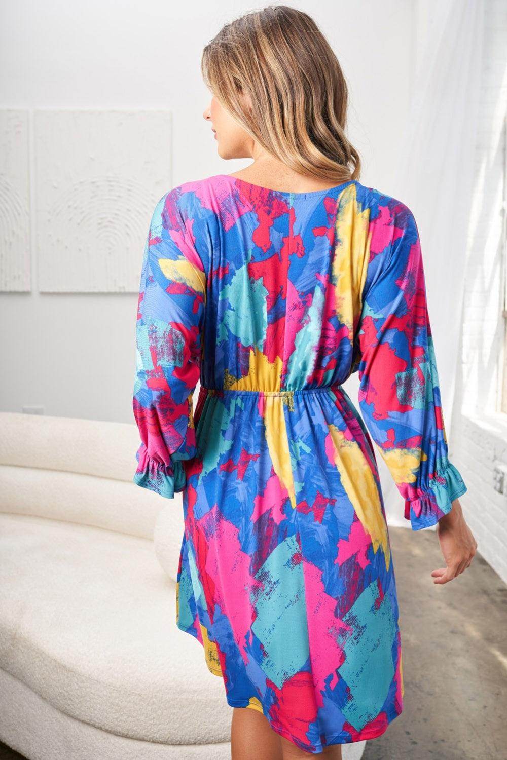 White Birch Full Size Printed V-Neck Mini Dress for Women