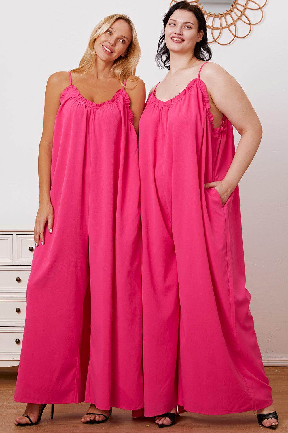 Double Take Full Size Ruffle Trim Tie Back Cami Jumpsuit